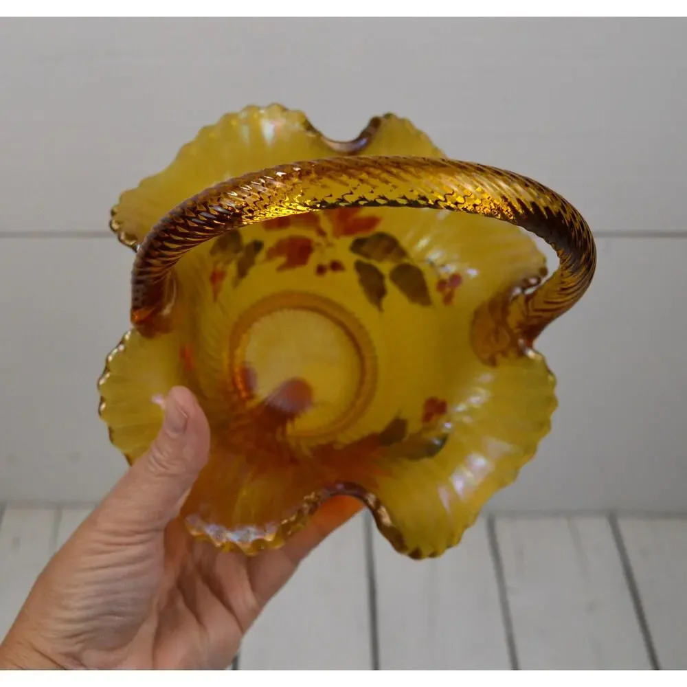 Vintage Fenton Amber Carnival Glass Basket, Christmas Poinsettia